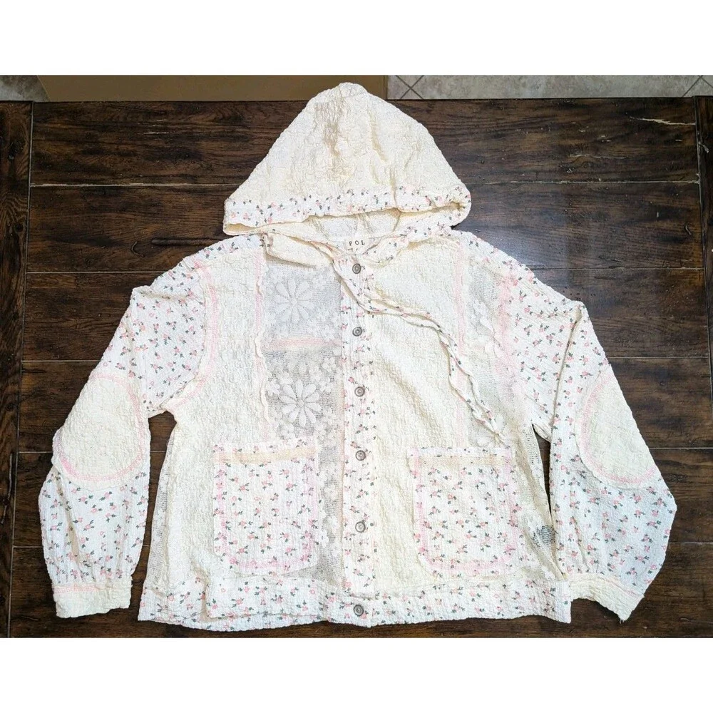 POL Floral Lace Hoodie S Jacket Boho Coquette Cottagecore Balloon Sleeve Shacket - Picture 2 of 14